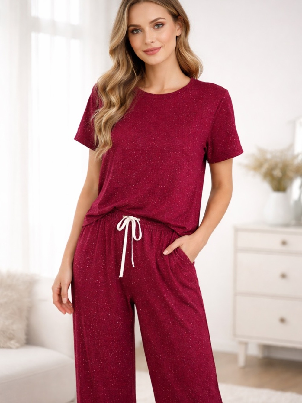 Women's Sparkle Lounge Set - Burgundy Short Sleeve Top & Pants